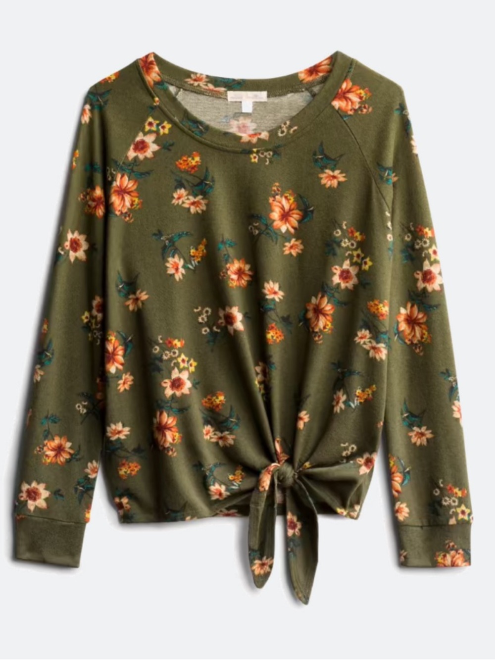 nine britton Olive Floral Tie-Front Long Sleeve Top